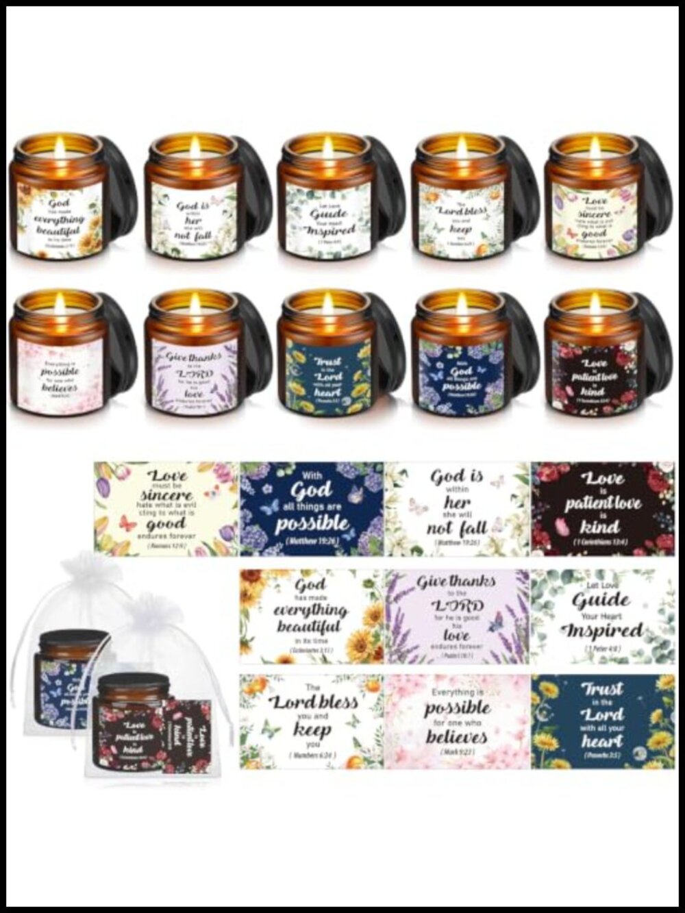 Soy Wax Scented Candle Set Bible Verse Cards Organza Gift Bags 30 Pcs